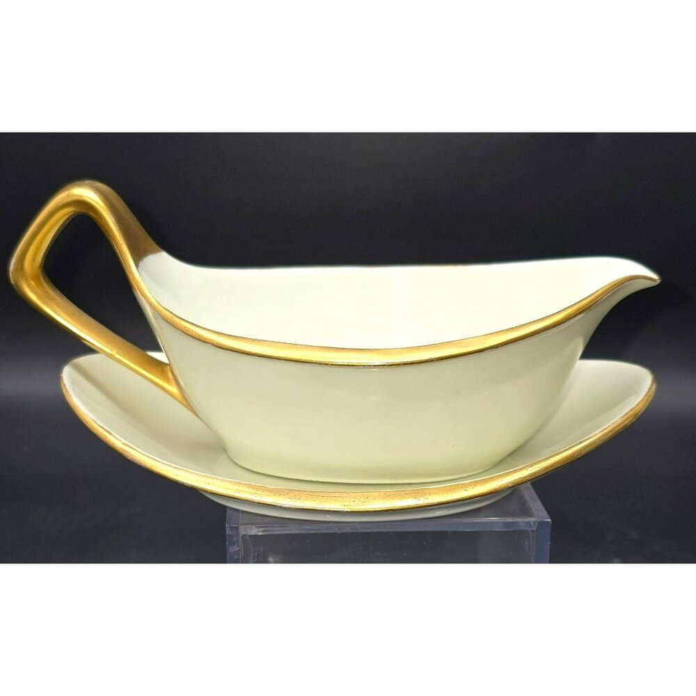 RS Germany Porcelain Gravy Boat & Underplate Gold Trimmed Vintage CR2004